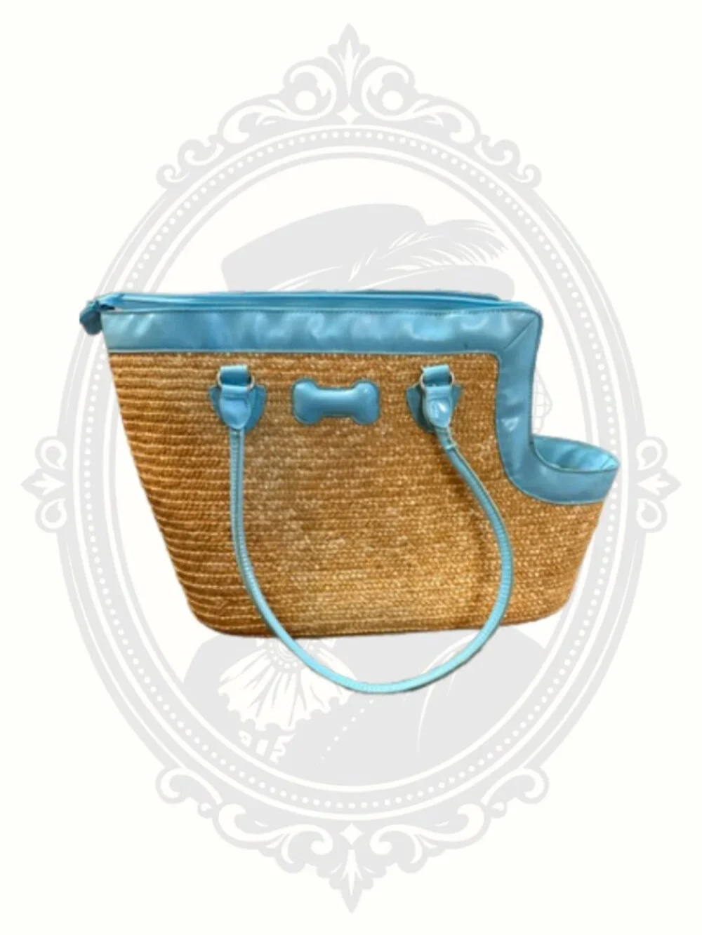 Blue Straw Pet Carrier Dog Tote Bag Tropical Lining Small Dog Travel Carrier